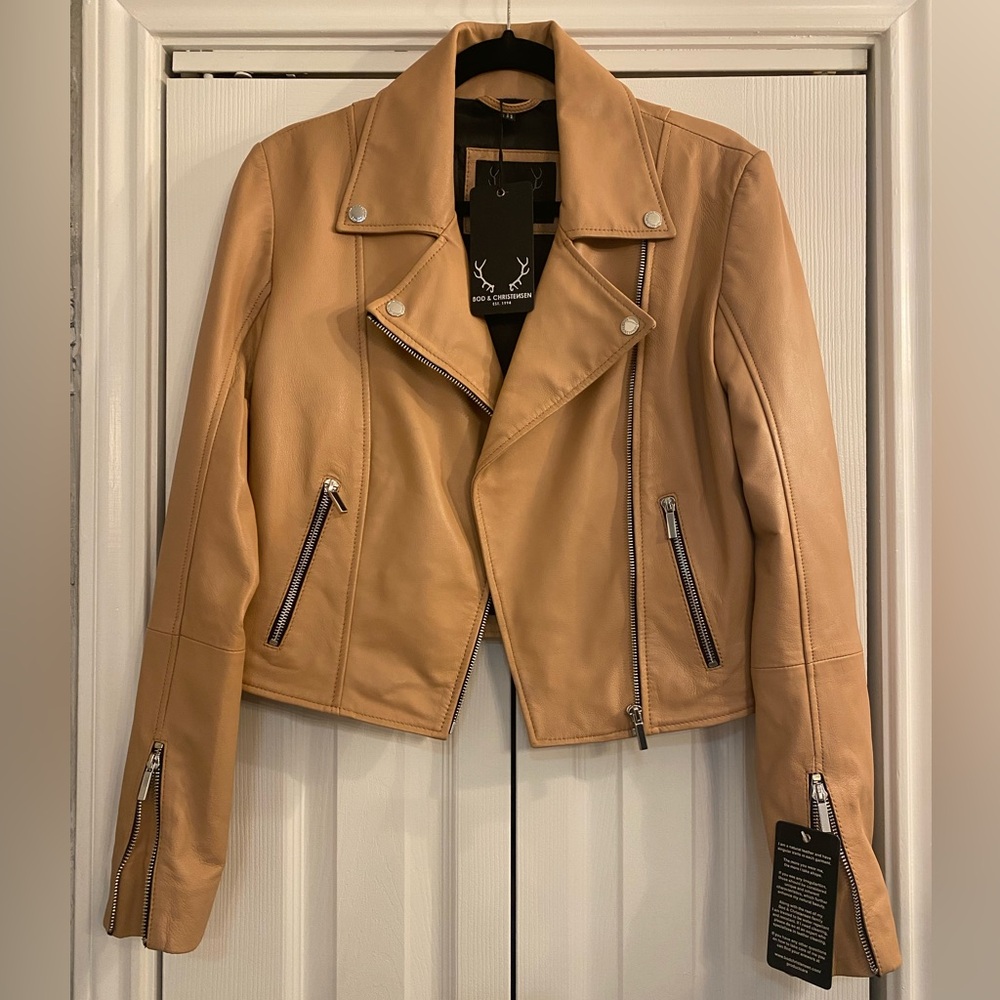 Bod & Christensen ALINA-S Cropped Leather Biker Jacket Peach Sz S NEW WITH TAGS
